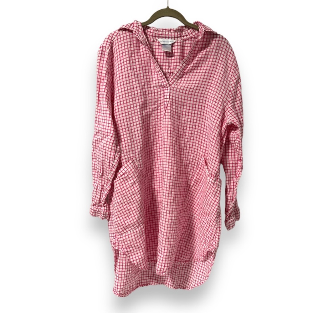 The Company Store Pink White Gingham 100% Linen Collared Tunic - Picture 2 of 16